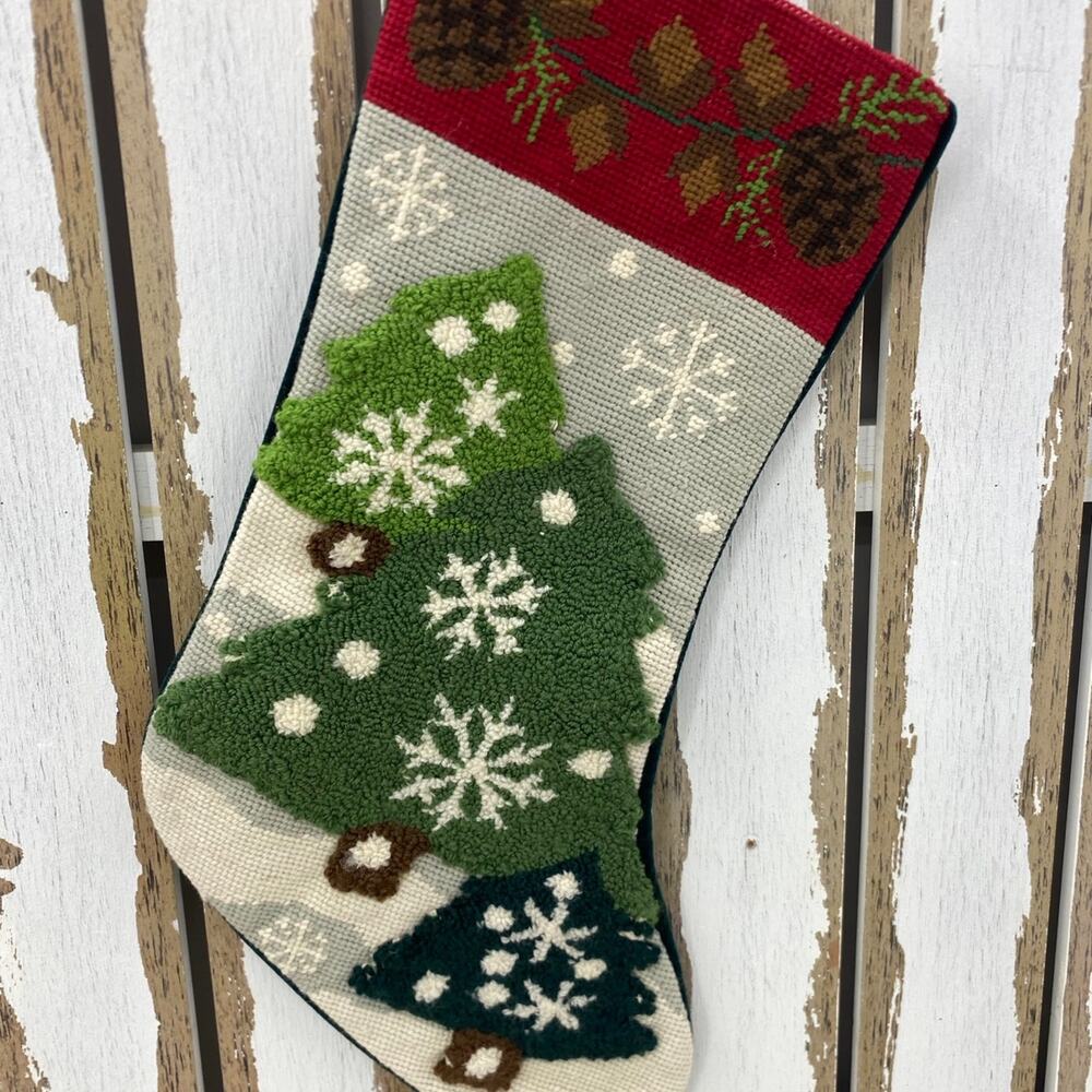 Vintage Needlepoint and Hand-Hooked Wool Christmas Stocking  Trees Snowflakes